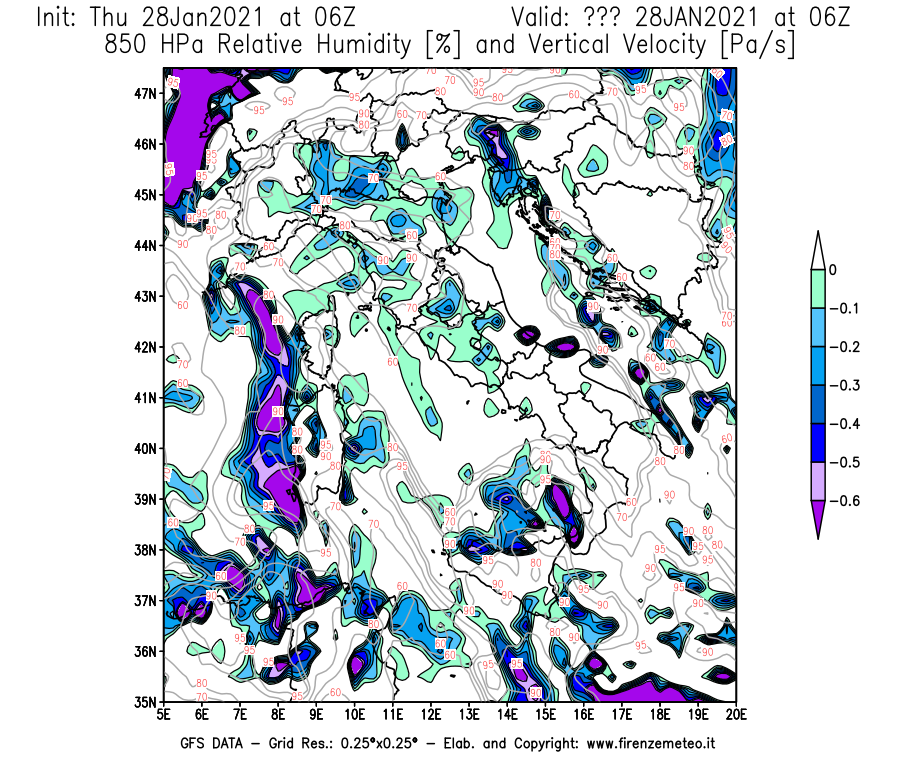 Mappa di analisi GFS - Umidità relativa [%] e Omega [Pa/s] a 850 hPa in Italia
									del 28/01/2021 06 <!--googleoff: index-->UTC<!--googleon: index-->