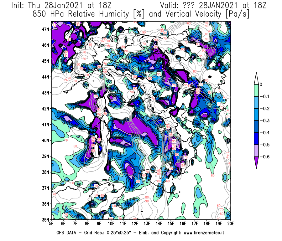 Mappa di analisi GFS - Umidità relativa [%] e Omega [Pa/s] a 850 hPa in Italia
									del 28/01/2021 18 <!--googleoff: index-->UTC<!--googleon: index-->