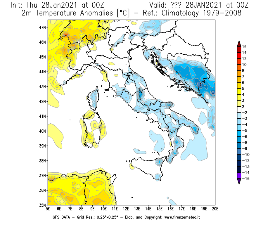 Mappa di analisi GFS - Anomalia Temperatura [°C] a 2 m in Italia
									del 28/01/2021 00 <!--googleoff: index-->UTC<!--googleon: index-->