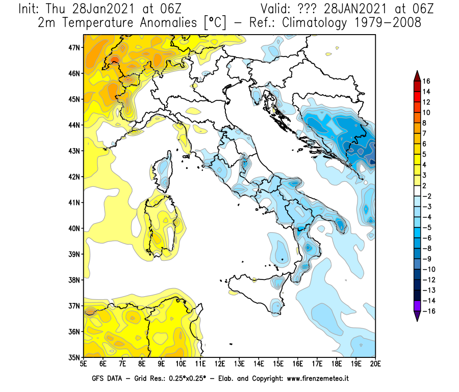 Mappa di analisi GFS - Anomalia Temperatura [°C] a 2 m in Italia
									del 28/01/2021 06 <!--googleoff: index-->UTC<!--googleon: index-->