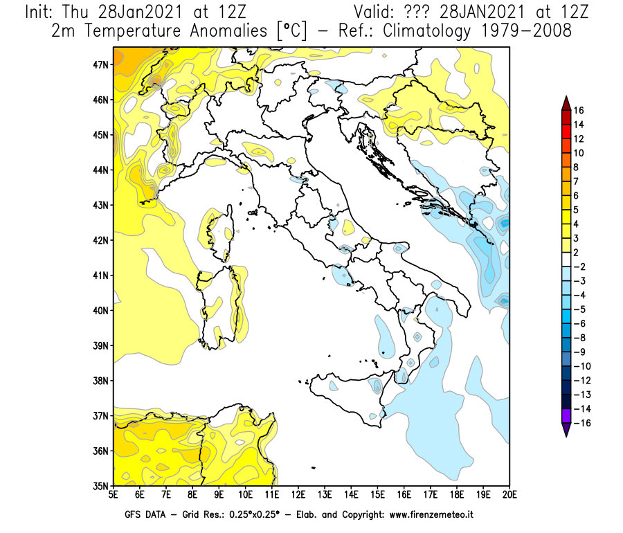 Mappa di analisi GFS - Anomalia Temperatura [°C] a 2 m in Italia
									del 28/01/2021 12 <!--googleoff: index-->UTC<!--googleon: index-->