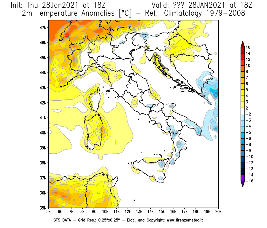 Mappa di analisi GFS - Anomalia Temperatura [°C] a 2 m in Italia
									del 28/01/2021 18 <!--googleoff: index-->UTC<!--googleon: index-->