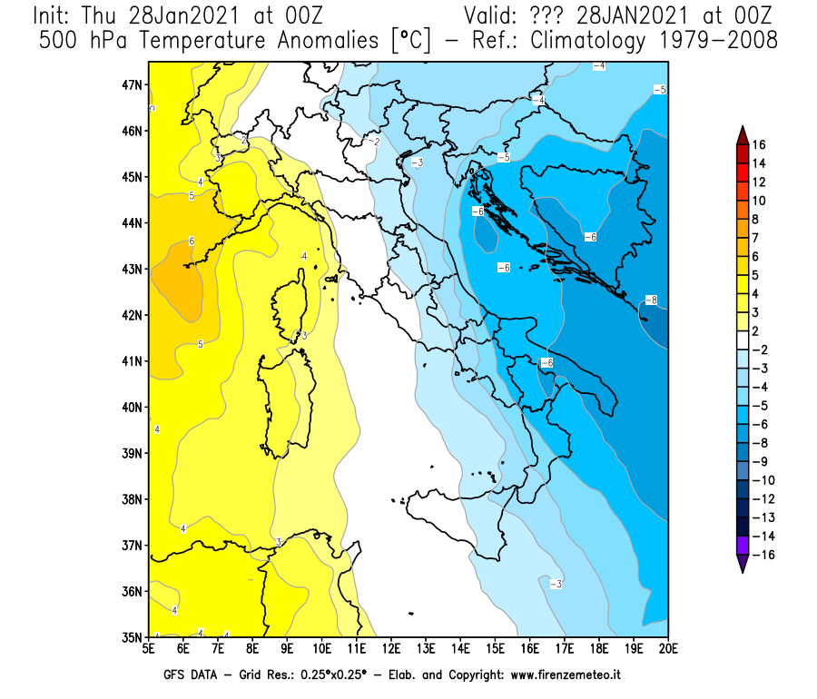 Mappa di analisi GFS - Anomalia Temperatura [°C] a 500 hPa in Italia
									del 28/01/2021 00 <!--googleoff: index-->UTC<!--googleon: index-->