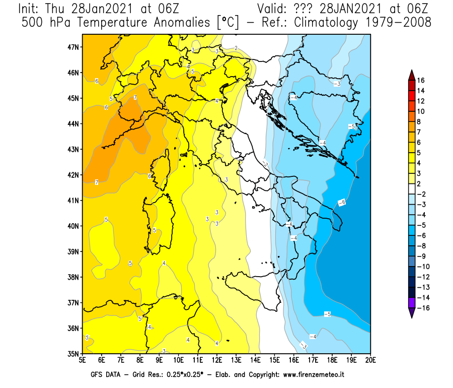 Mappa di analisi GFS - Anomalia Temperatura [°C] a 500 hPa in Italia
									del 28/01/2021 06 <!--googleoff: index-->UTC<!--googleon: index-->
