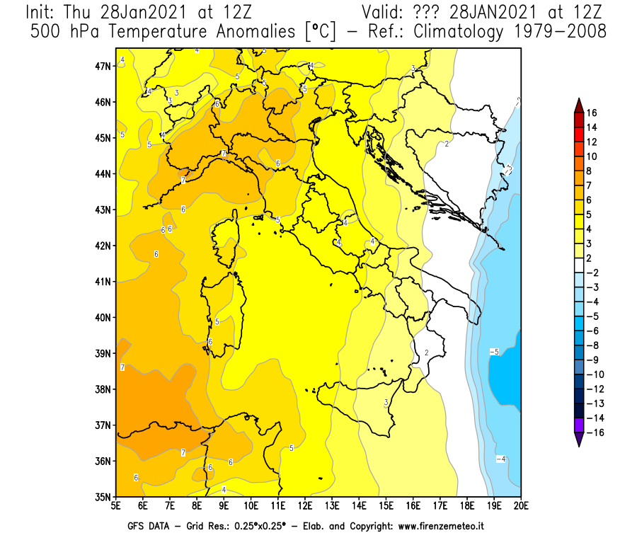 Mappa di analisi GFS - Anomalia Temperatura [°C] a 500 hPa in Italia
									del 28/01/2021 12 <!--googleoff: index-->UTC<!--googleon: index-->