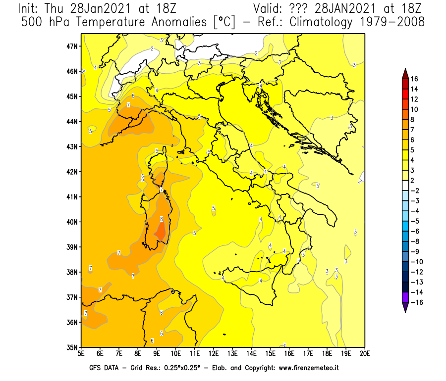 Mappa di analisi GFS - Anomalia Temperatura [°C] a 500 hPa in Italia
									del 28/01/2021 18 <!--googleoff: index-->UTC<!--googleon: index-->