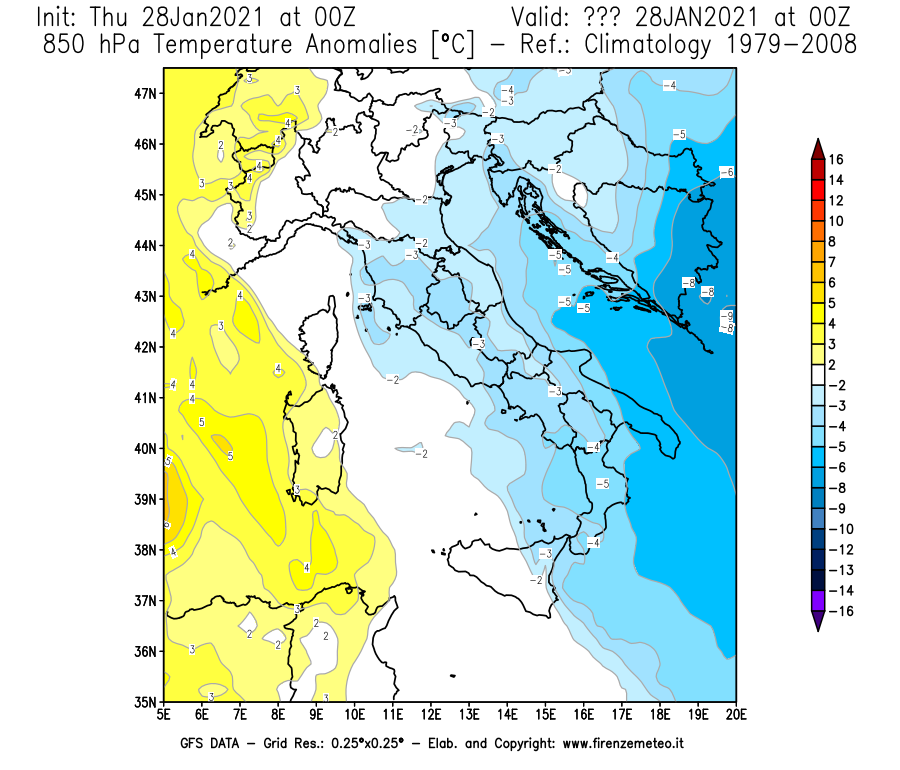 Mappa di analisi GFS - Anomalia Temperatura [°C] a 850 hPa in Italia
									del 28/01/2021 00 <!--googleoff: index-->UTC<!--googleon: index-->