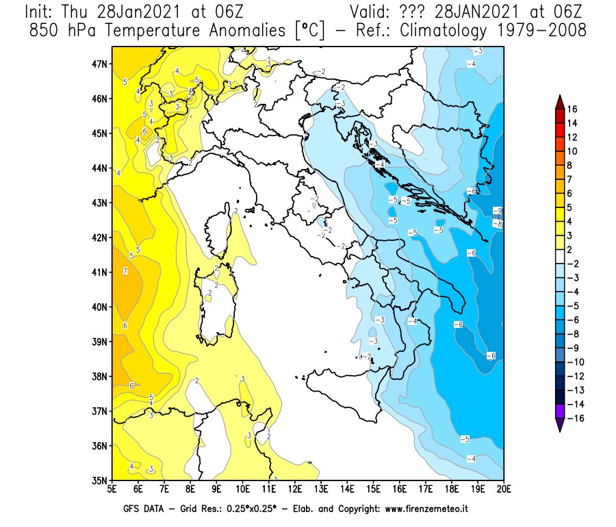 Mappa di analisi GFS - Anomalia Temperatura [°C] a 850 hPa in Italia
									del 28/01/2021 06 <!--googleoff: index-->UTC<!--googleon: index-->