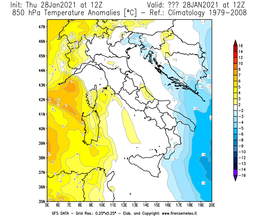 Mappa di analisi GFS - Anomalia Temperatura [°C] a 850 hPa in Italia
									del 28/01/2021 12 <!--googleoff: index-->UTC<!--googleon: index-->