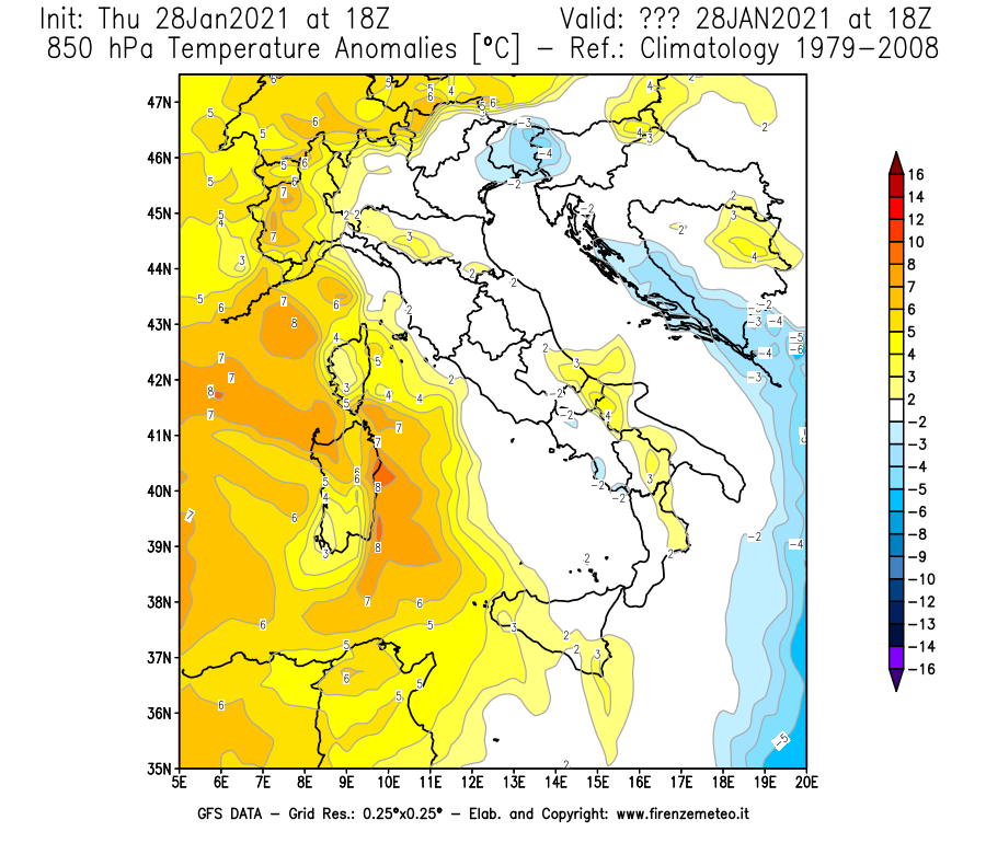 Mappa di analisi GFS - Anomalia Temperatura [°C] a 850 hPa in Italia
									del 28/01/2021 18 <!--googleoff: index-->UTC<!--googleon: index-->