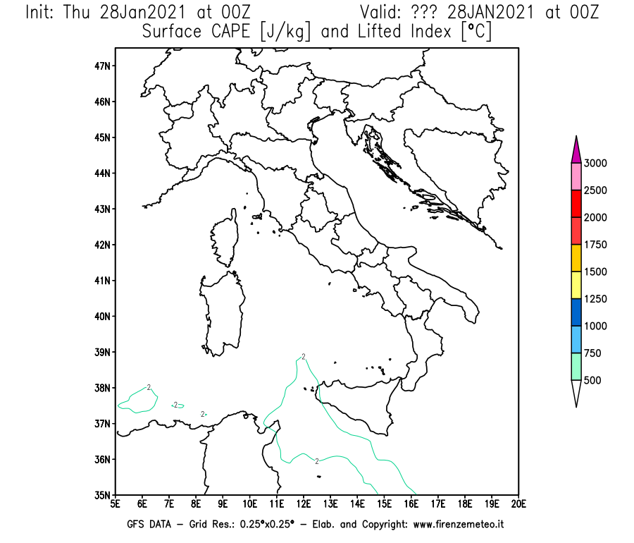 Mappa di analisi GFS - CAPE [J/kg] e Lifted Index [°C] in Italia
									del 28/01/2021 00 <!--googleoff: index-->UTC<!--googleon: index-->