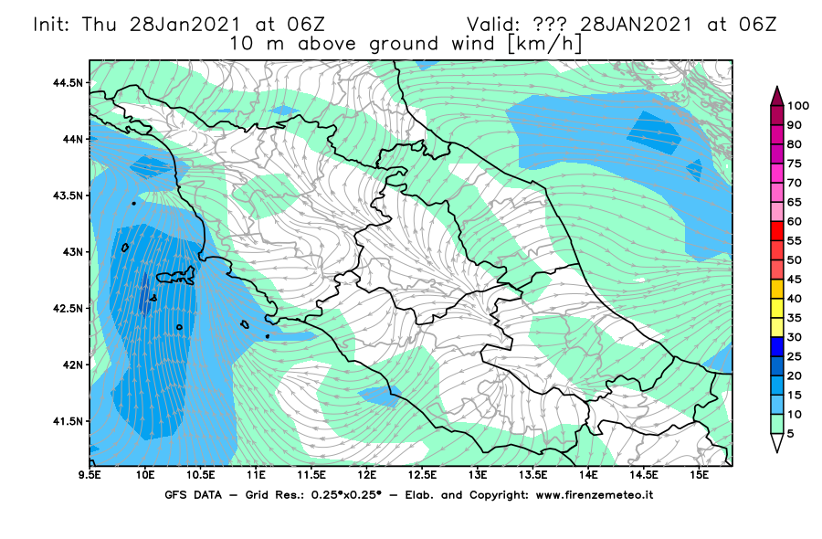 Mappa di analisi GFS - Velocità del vento a 10 metri dal suolo [km/h] in Centro-Italia
									del 28/01/2021 06 <!--googleoff: index-->UTC<!--googleon: index-->