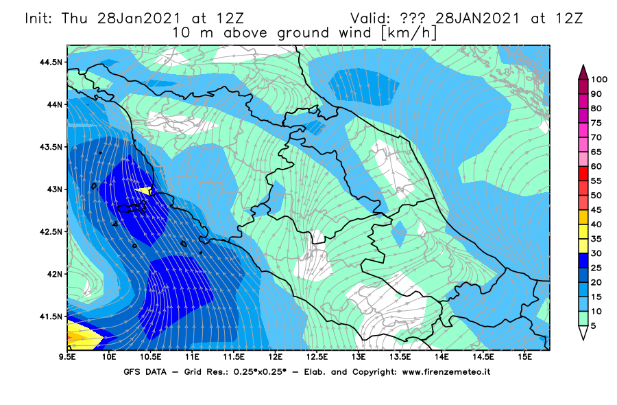 Mappa di analisi GFS - Velocità del vento a 10 metri dal suolo [km/h] in Centro-Italia
									del 28/01/2021 12 <!--googleoff: index-->UTC<!--googleon: index-->