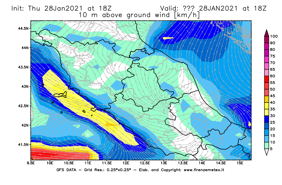 Mappa di analisi GFS - Velocità del vento a 10 metri dal suolo [km/h] in Centro-Italia
									del 28/01/2021 18 <!--googleoff: index-->UTC<!--googleon: index-->