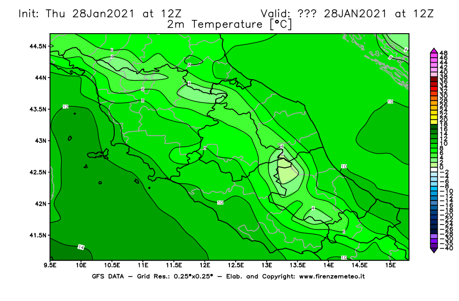 Mappa di analisi GFS - Temperatura a 2 metri dal suolo [°C] in Centro-Italia
									del 28/01/2021 12 <!--googleoff: index-->UTC<!--googleon: index-->