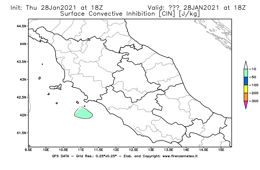 Mappa di analisi GFS - CIN [J/kg] in Centro-Italia
									del 28/01/2021 18 <!--googleoff: index-->UTC<!--googleon: index-->