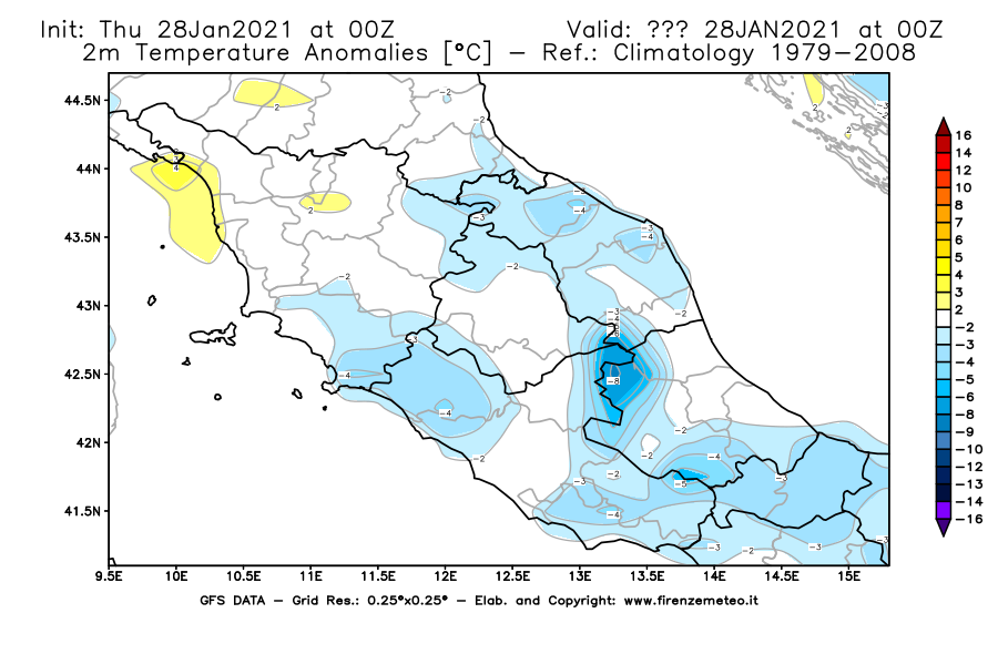 Mappa di analisi GFS - Anomalia Temperatura [°C] a 2 m in Centro-Italia
									del 28/01/2021 00 <!--googleoff: index-->UTC<!--googleon: index-->