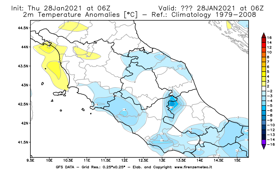 Mappa di analisi GFS - Anomalia Temperatura [°C] a 2 m in Centro-Italia
									del 28/01/2021 06 <!--googleoff: index-->UTC<!--googleon: index-->