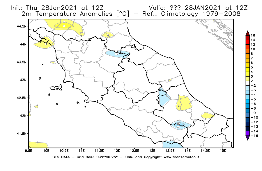 Mappa di analisi GFS - Anomalia Temperatura [°C] a 2 m in Centro-Italia
									del 28/01/2021 12 <!--googleoff: index-->UTC<!--googleon: index-->