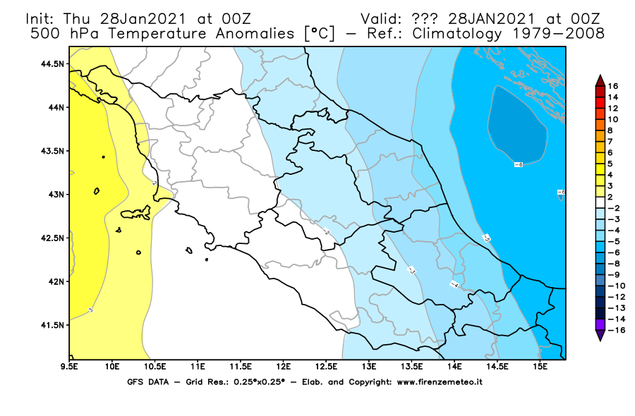 Mappa di analisi GFS - Anomalia Temperatura [°C] a 500 hPa in Centro-Italia
									del 28/01/2021 00 <!--googleoff: index-->UTC<!--googleon: index-->