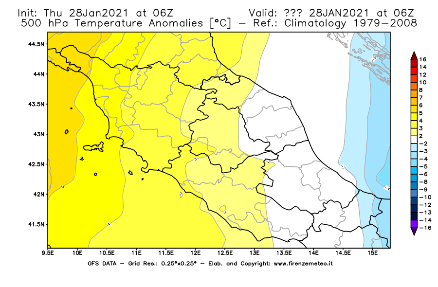 Mappa di analisi GFS - Anomalia Temperatura [°C] a 500 hPa in Centro-Italia
									del 28/01/2021 06 <!--googleoff: index-->UTC<!--googleon: index-->