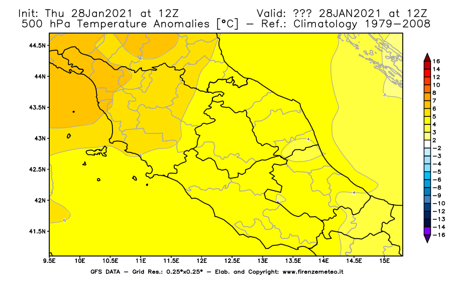 Mappa di analisi GFS - Anomalia Temperatura [°C] a 500 hPa in Centro-Italia
									del 28/01/2021 12 <!--googleoff: index-->UTC<!--googleon: index-->