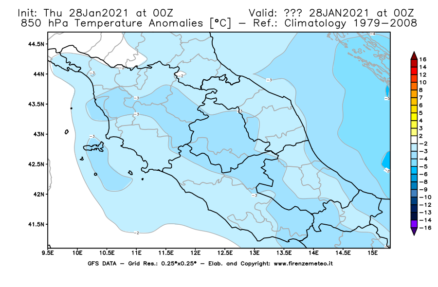 Mappa di analisi GFS - Anomalia Temperatura [°C] a 850 hPa in Centro-Italia
									del 28/01/2021 00 <!--googleoff: index-->UTC<!--googleon: index-->