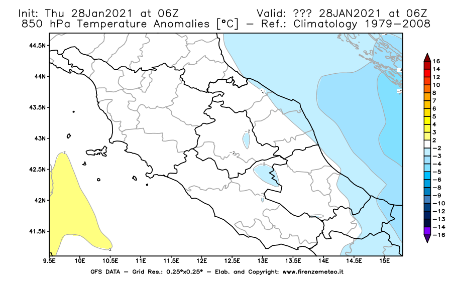 Mappa di analisi GFS - Anomalia Temperatura [°C] a 850 hPa in Centro-Italia
									del 28/01/2021 06 <!--googleoff: index-->UTC<!--googleon: index-->