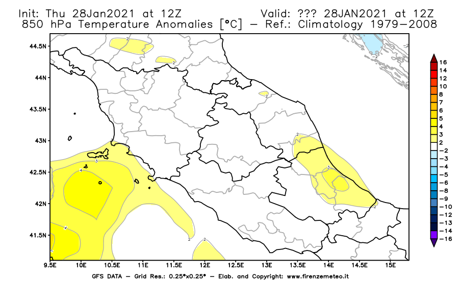 Mappa di analisi GFS - Anomalia Temperatura [°C] a 850 hPa in Centro-Italia
									del 28/01/2021 12 <!--googleoff: index-->UTC<!--googleon: index-->