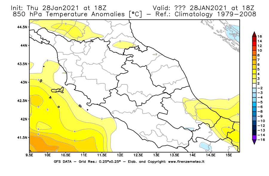 Mappa di analisi GFS - Anomalia Temperatura [°C] a 850 hPa in Centro-Italia
									del 28/01/2021 18 <!--googleoff: index-->UTC<!--googleon: index-->