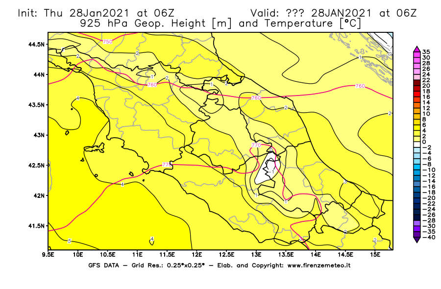 Mappa di analisi GFS - Geopotenziale [m] e Temperatura [°C] a 925 hPa in Centro-Italia
									del 28/01/2021 06 <!--googleoff: index-->UTC<!--googleon: index-->