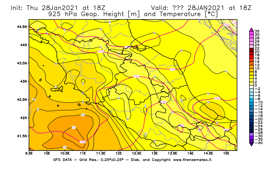 Mappa di analisi GFS - Geopotenziale [m] e Temperatura [°C] a 925 hPa in Centro-Italia
									del 28/01/2021 18 <!--googleoff: index-->UTC<!--googleon: index-->