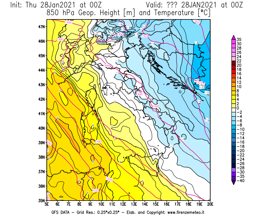Mappa di analisi GFS - Geopotenziale [m] e Temperatura [°C] a 850 hPa in Italia
									del 28/01/2021 00 <!--googleoff: index-->UTC<!--googleon: index-->