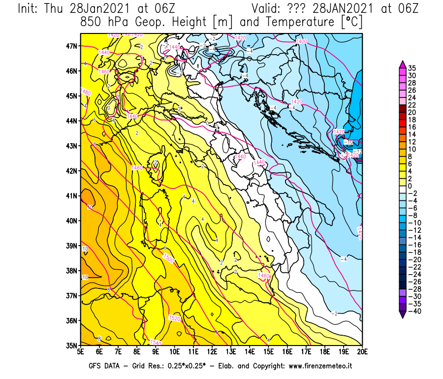 Mappa di analisi GFS - Geopotenziale [m] e Temperatura [°C] a 850 hPa in Italia
									del 28/01/2021 06 <!--googleoff: index-->UTC<!--googleon: index-->