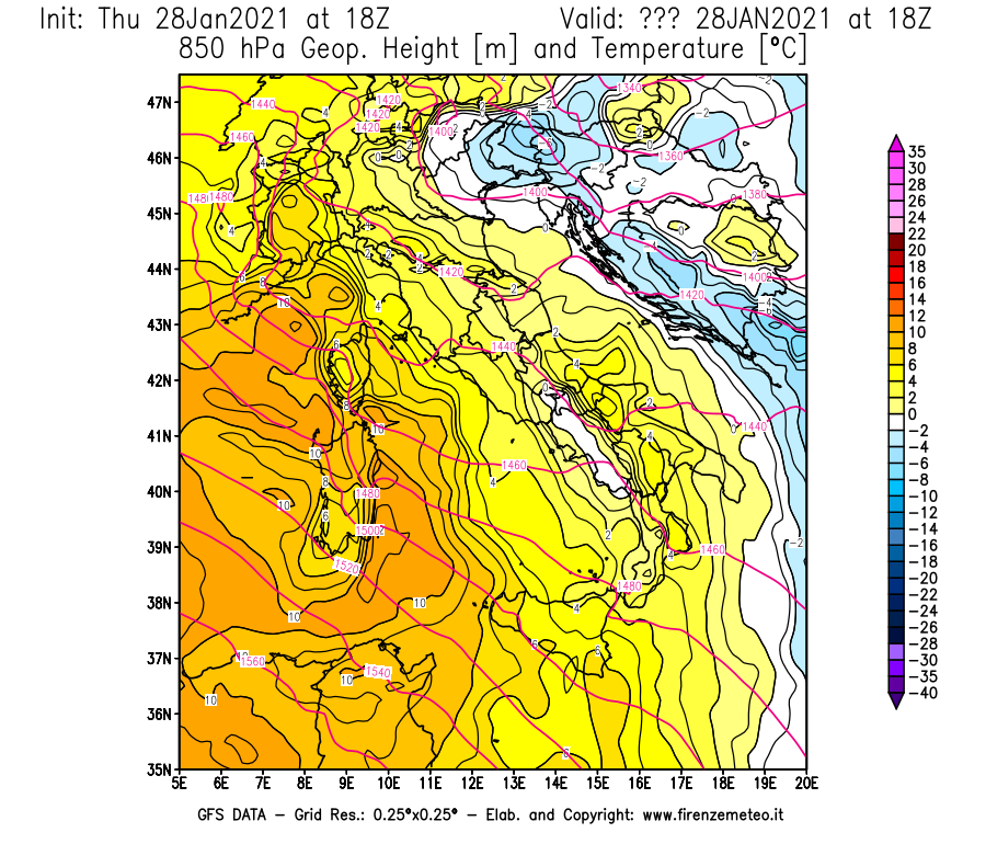 Mappa di analisi GFS - Geopotenziale [m] e Temperatura [°C] a 850 hPa in Italia
									del 28/01/2021 18 <!--googleoff: index-->UTC<!--googleon: index-->