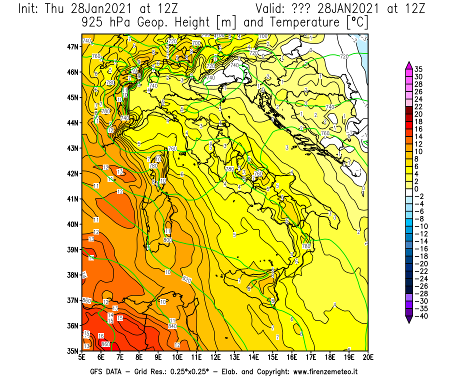 Mappa di analisi GFS - Geopotenziale [m] e Temperatura [°C] a 925 hPa in Italia
									del 28/01/2021 12 <!--googleoff: index-->UTC<!--googleon: index-->