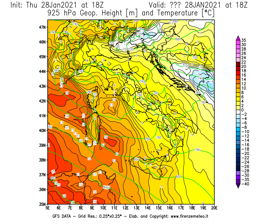Mappa di analisi GFS - Geopotenziale [m] e Temperatura [°C] a 925 hPa in Italia
									del 28/01/2021 18 <!--googleoff: index-->UTC<!--googleon: index-->