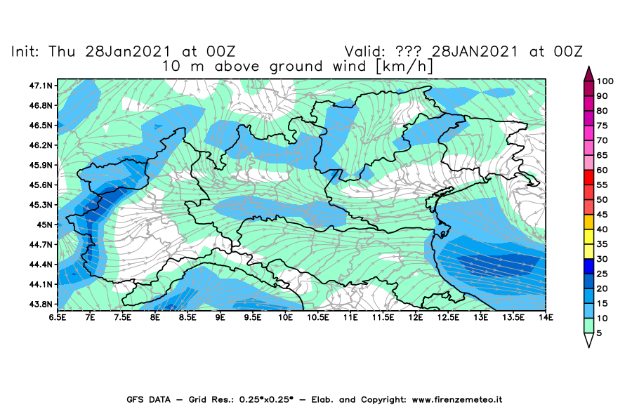 Mappa di analisi GFS - Velocità del vento a 10 metri dal suolo [km/h] in Nord-Italia
									del 28/01/2021 00 <!--googleoff: index-->UTC<!--googleon: index-->