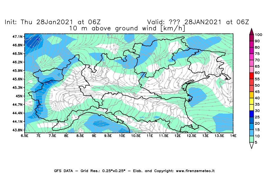 Mappa di analisi GFS - Velocità del vento a 10 metri dal suolo [km/h] in Nord-Italia
									del 28/01/2021 06 <!--googleoff: index-->UTC<!--googleon: index-->