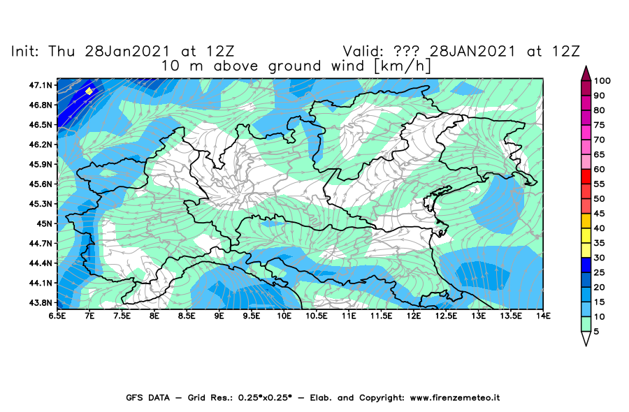Mappa di analisi GFS - Velocità del vento a 10 metri dal suolo [km/h] in Nord-Italia
									del 28/01/2021 12 <!--googleoff: index-->UTC<!--googleon: index-->