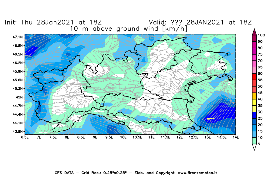 Mappa di analisi GFS - Velocità del vento a 10 metri dal suolo [km/h] in Nord-Italia
									del 28/01/2021 18 <!--googleoff: index-->UTC<!--googleon: index-->