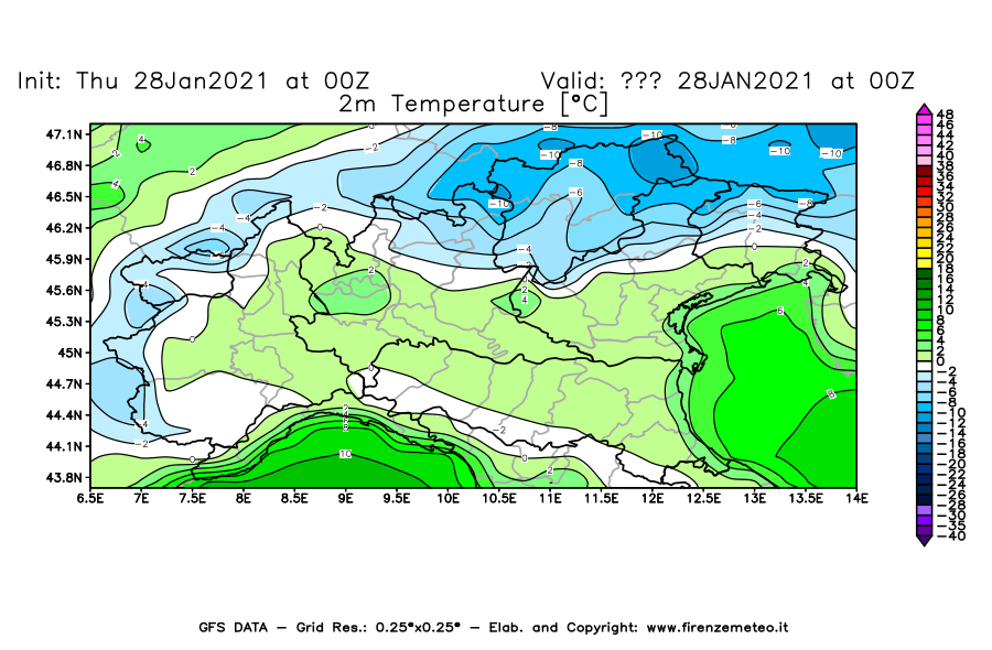 Mappa di analisi GFS - Temperatura a 2 metri dal suolo [°C] in Nord-Italia
									del 28/01/2021 00 <!--googleoff: index-->UTC<!--googleon: index-->