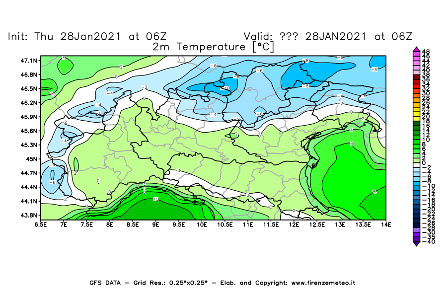 Mappa di analisi GFS - Temperatura a 2 metri dal suolo [°C] in Nord-Italia
									del 28/01/2021 06 <!--googleoff: index-->UTC<!--googleon: index-->