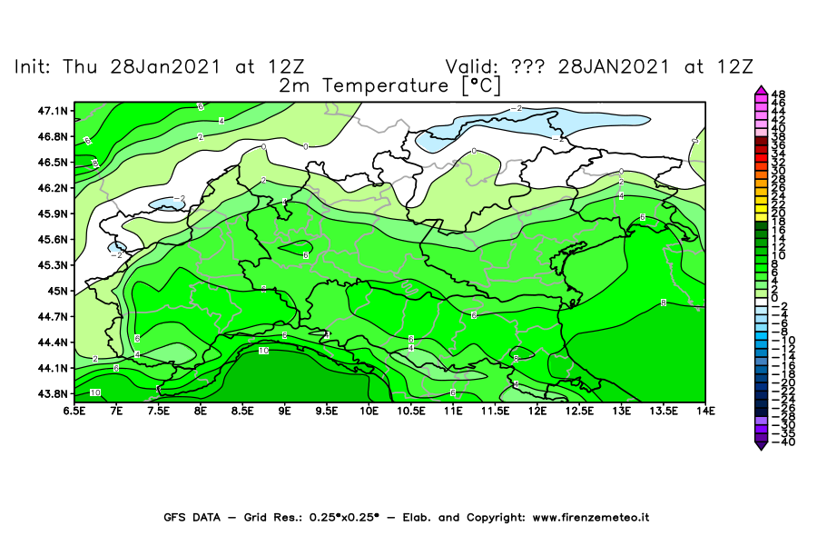 Mappa di analisi GFS - Temperatura a 2 metri dal suolo [°C] in Nord-Italia
									del 28/01/2021 12 <!--googleoff: index-->UTC<!--googleon: index-->