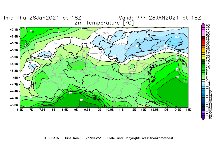 Mappa di analisi GFS - Temperatura a 2 metri dal suolo [°C] in Nord-Italia
									del 28/01/2021 18 <!--googleoff: index-->UTC<!--googleon: index-->