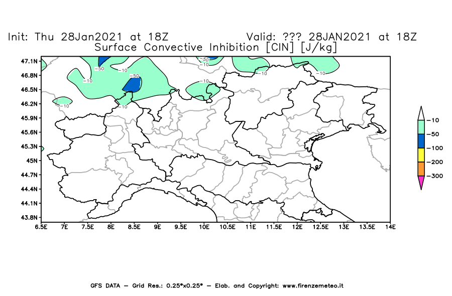Mappa di analisi GFS - CIN [J/kg] in Nord-Italia
									del 28/01/2021 18 <!--googleoff: index-->UTC<!--googleon: index-->