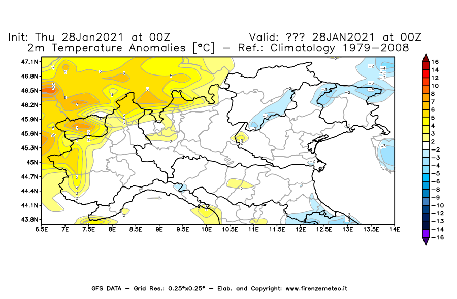 Mappa di analisi GFS - Anomalia Temperatura [°C] a 2 m in Nord-Italia
									del 28/01/2021 00 <!--googleoff: index-->UTC<!--googleon: index-->