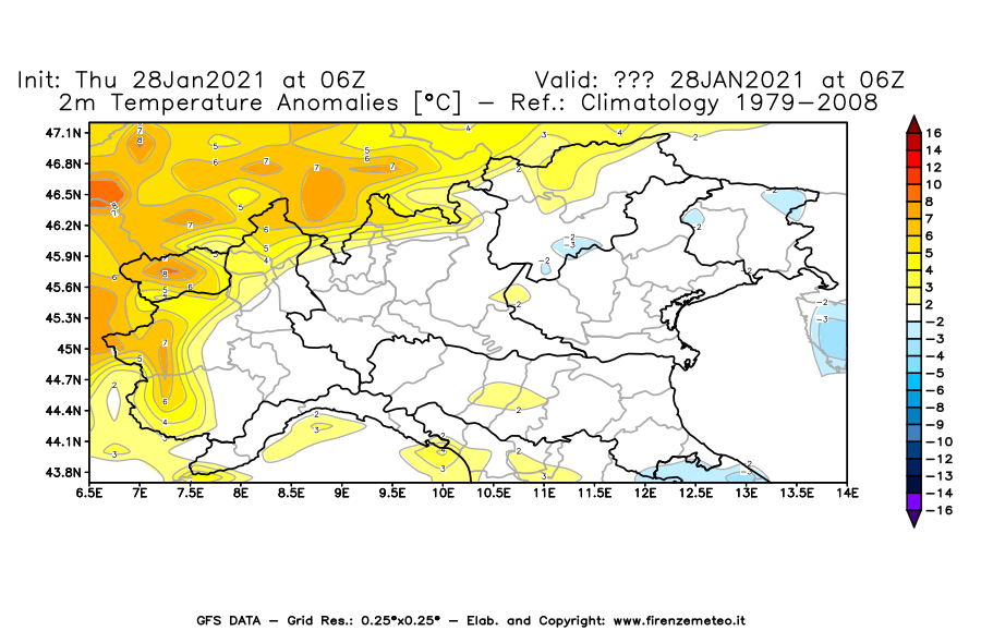 Mappa di analisi GFS - Anomalia Temperatura [°C] a 2 m in Nord-Italia
									del 28/01/2021 06 <!--googleoff: index-->UTC<!--googleon: index-->