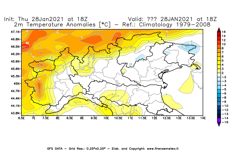 Mappa di analisi GFS - Anomalia Temperatura [°C] a 2 m in Nord-Italia
									del 28/01/2021 18 <!--googleoff: index-->UTC<!--googleon: index-->