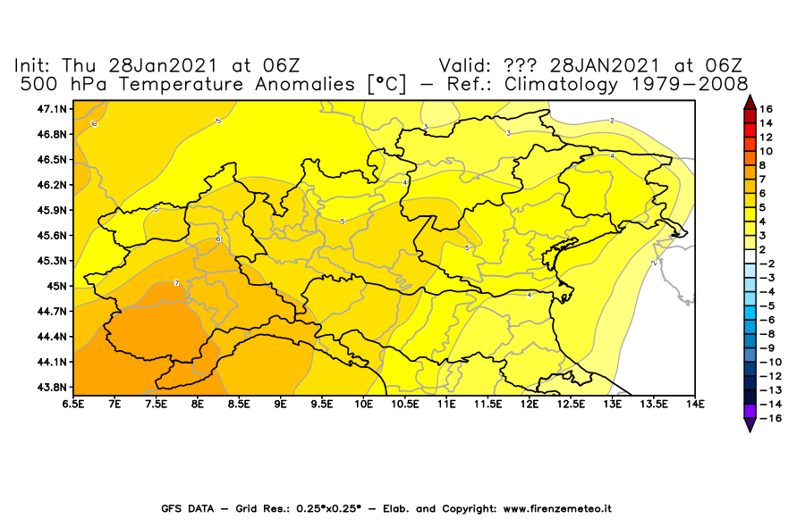 Mappa di analisi GFS - Anomalia Temperatura [°C] a 500 hPa in Nord-Italia
									del 28/01/2021 06 <!--googleoff: index-->UTC<!--googleon: index-->